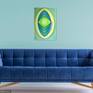 This painting is inspired by the creation of life and how most living creatures come from a fertilized egg. The bright colours represent vitality and fertility