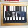 Oil on canvas, black and white interior with a red stripe
framed (wood frame, golden colour)