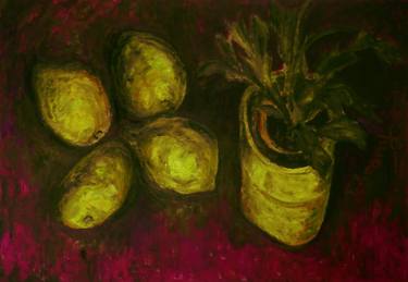 Still life with potted flower and four lemons thumb