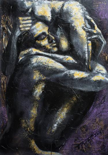 "I hold you in my arms", original mixed media painting, 70x100x4cm, ready to hang thumb