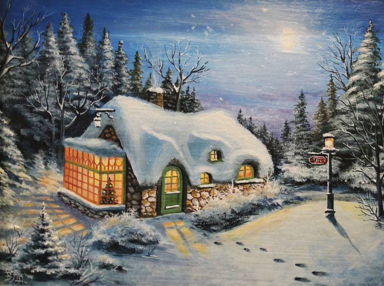 Silent Night Original Winter Landscape Painting One 2024 of a Kind