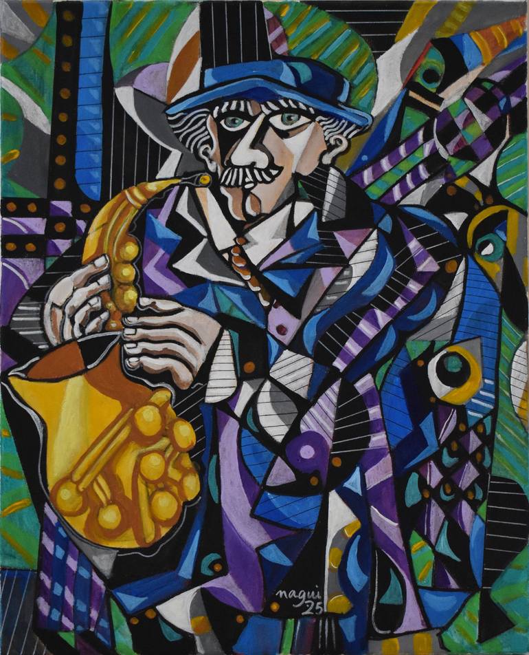 Saxophone player Painting by Nagui Achamallah | Saatchi Art