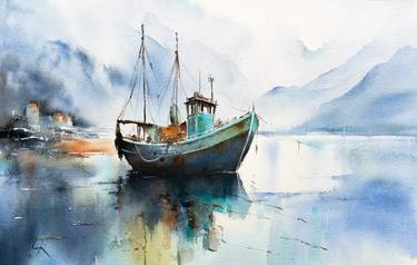 "Calm Waters and Coastal Charms: A Fischerboat Aquarelle" thumb
