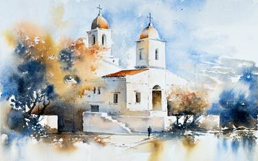 A Peaceful Sanctuary: A Watercolor Church Landscape thumb