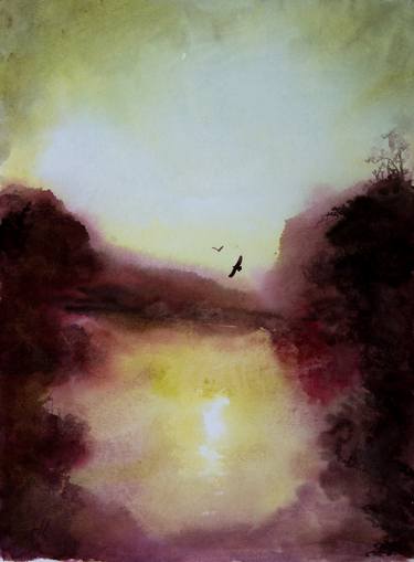 "over the lake", origingal watercolour painting,  11.8"x15.7" thumb