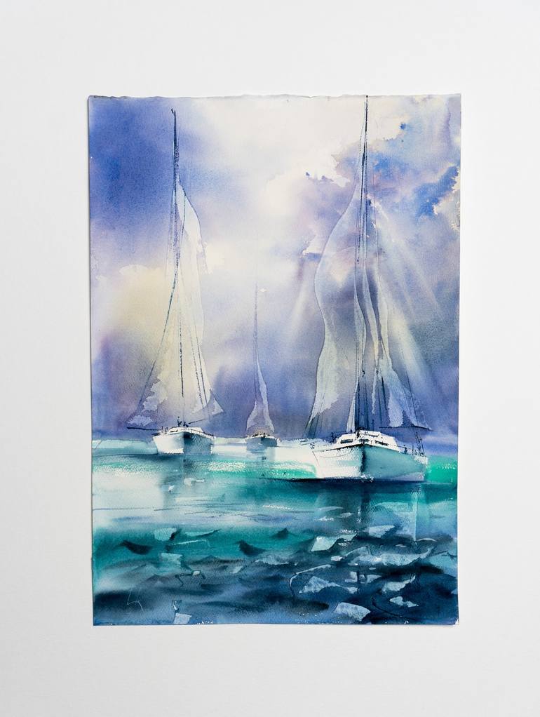 Original Impressionism Sailboat Painting by Yuriy Kraft