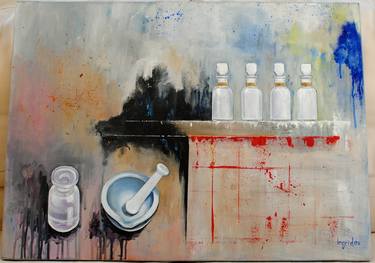 Acrylic painting about pharmacy theme: chemical bottles , mortars, etc. realistic style with abstract elements . thumb