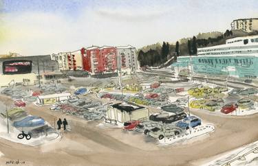 The parking lot at Flemingsberg Station in February, Sweden thumb