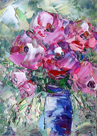ORIGINAL Abstract Pink Roses Oil Painting Canvas Flowers Texture Artwork Impressionist Impasto Home Decor Wall Painting Floral Hand Painted