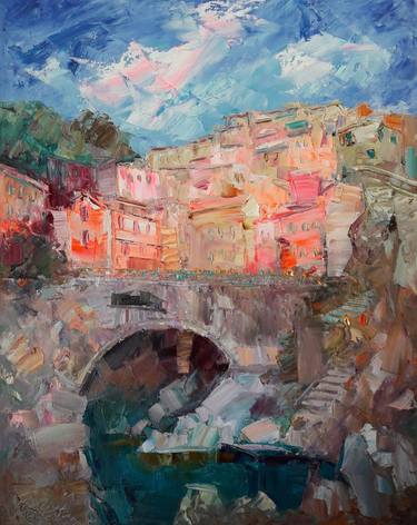 (Reservation) Charming Manarola Italy Painting Italy Original Art Seascape Impressionist Impasto Oil Painting by Kseniya Kovalenko thumb