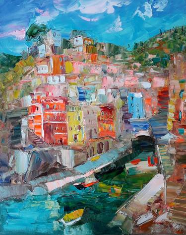 (Resevation) Sunny Riomaggiore Cinque Terre Painting Gift Italy Landscape Abstract Art Modern Home Decor Colorful Gift Artwork by Kseniya Kovalenko thumb