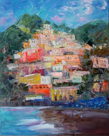 Charming Positano Painting Impasto Art, Paintings For Living Room Wall Seascape