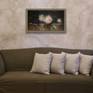 This still life with several peonies and grapes lying on a table against a dark background is well suited for a small room with a classic interior and pastel tones of interior decoration - in kitchens and living rooms, in restaurants and cafes, in hotels, etc.