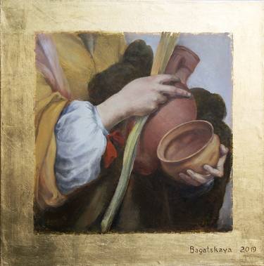 A fragment of the painting "Holy Justa", by Murillo with a gold leaf thumb