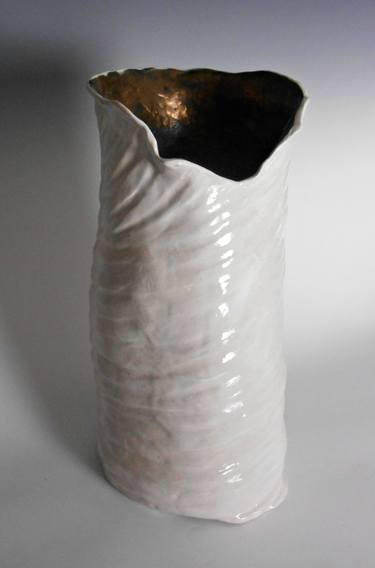 Large Tall Gold and White Modern Ceramic Sculpture thumb