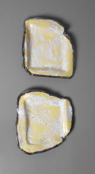 Set of 2 Medium Yellow White and Gold Square Wall Sculpture Plates thumb