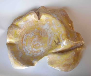 Large Yellow and White Modern Organic Wall Sculpture Inlaid with Brass thumb