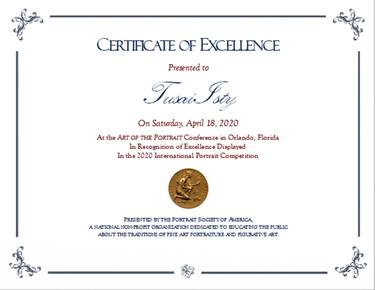 CERTIFICATE OF EXCELLENCE AWARD - The Portrait Society of America: Word's most professional art contest thumb