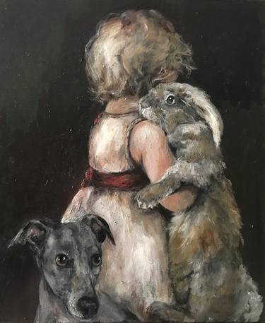 Little Girl with Rabbit and Italian Greyhound thumb