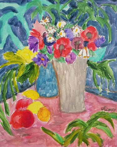 Still life with flowers and fruits thumb