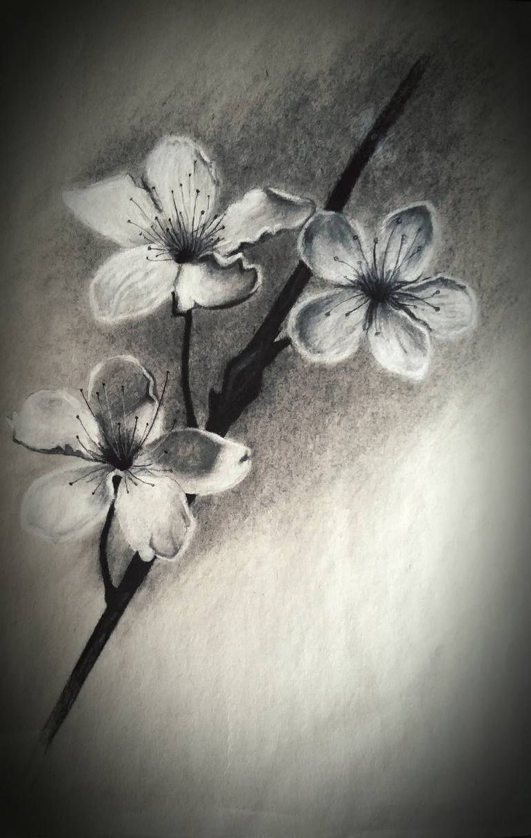 cherry blossom painting black and white