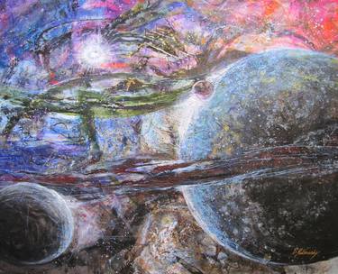 Mars and His two moons, Phobos and Deimos, abstract painting thumb