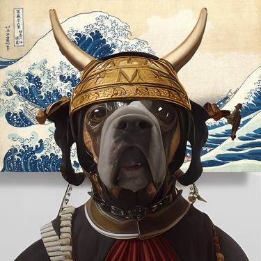 Funny, cute Dog Japanese samurai pet with human body, portrait thumb