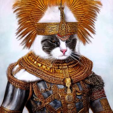 White & black CAT head w Gold warrior Ancient Greek military thumb