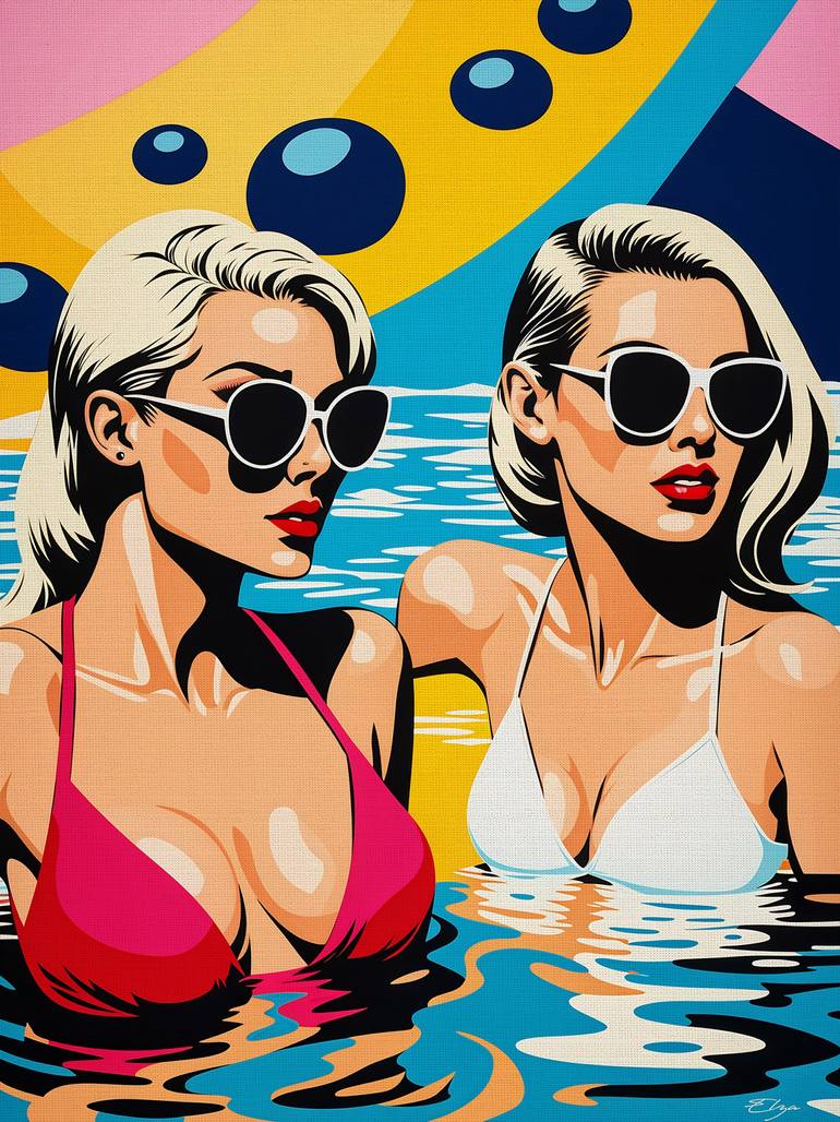 Two Women in the pool Painting by Elena Zaharia | Saatchi Art
