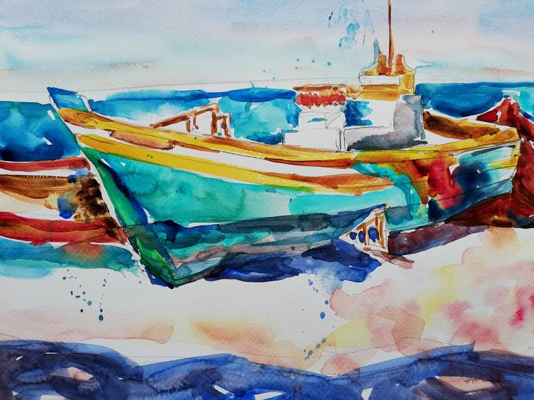 Original Impressionism Boat Painting by Jelena Djokic