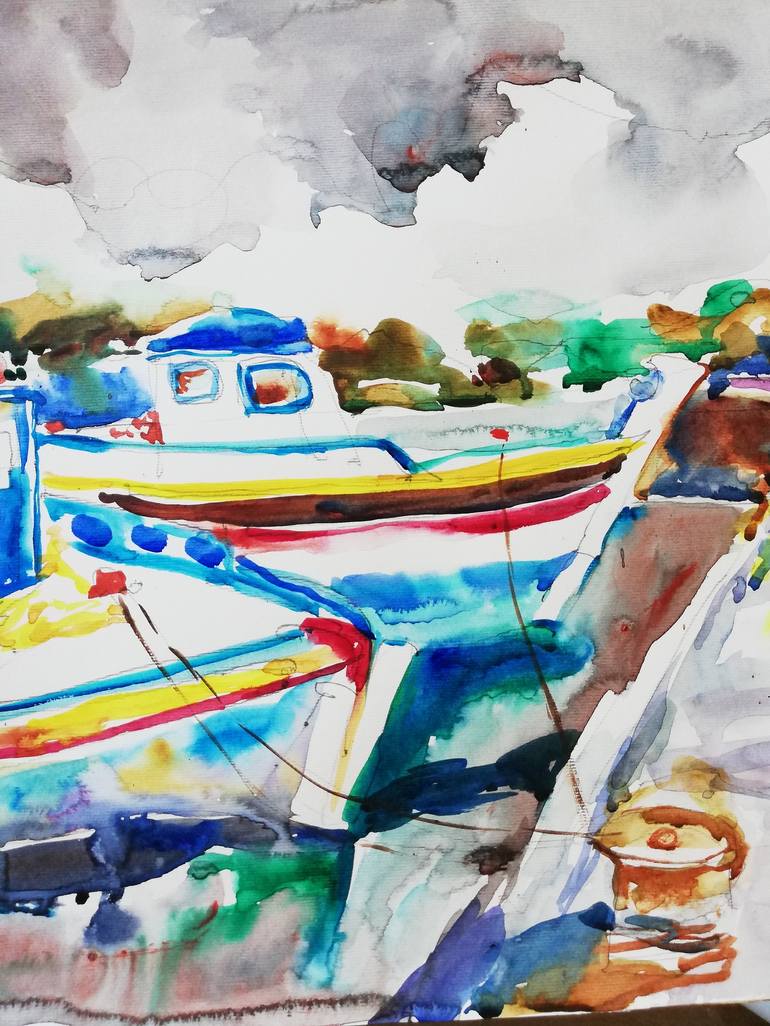 Original Impressionism Boat Painting by Jelena Djokic