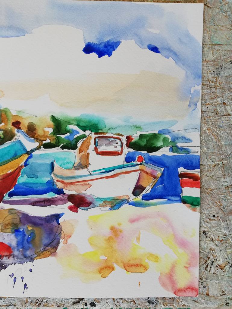 Original Impressionism Boat Painting by Jelena Djokic