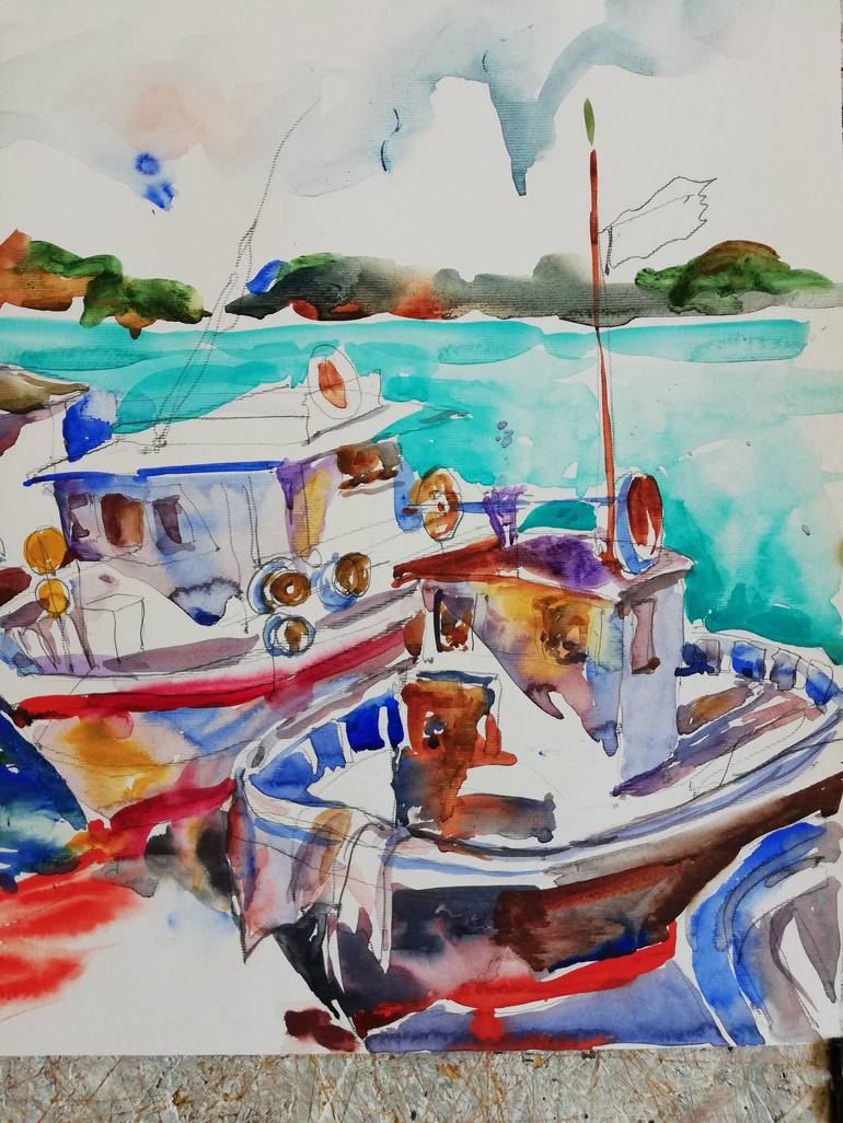 Original Expressionism Boat Painting by Jelena Djokic