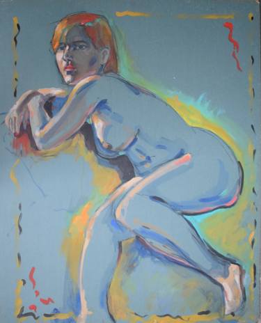 woman nude  on blue green background thumb