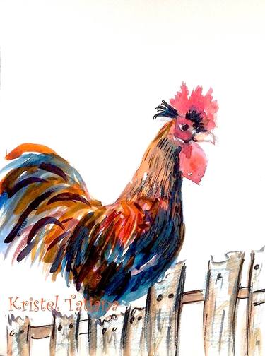 Original Rooster watercolor painting , animal wall art, bright watercolor paintings thumb