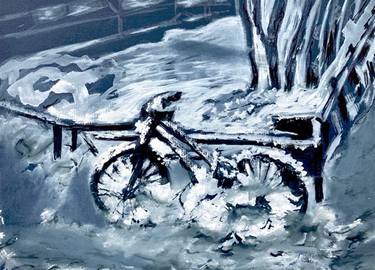 Bicycle in the snow snow acrylic on paper Christmas gift thumb