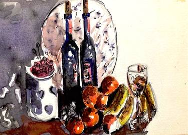 Holiday. Wine and Fruit .Оriginal artwork art painting food thumb