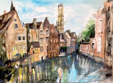 Bruges Unique original watercolour on paper 27x35 cm Contemporary Impressionist style Artworks from the old town Belgium thumb