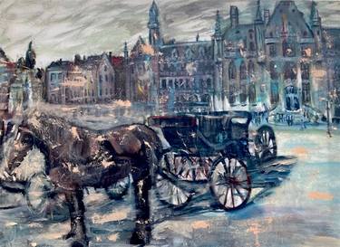 Horseback Riding in Bruges Cityscape Oil on Canvas Belgium Bruges Impressionism Romance Brown Gift Decor thumb