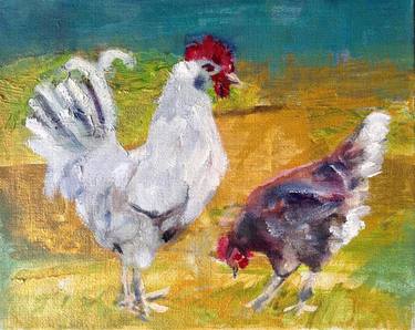 Young rooster and hen Painting gamecock colorful acrylic painting thumb