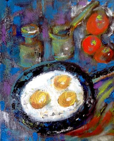 Scrambled eggs in a frying pan oil painting on canvas thumb
