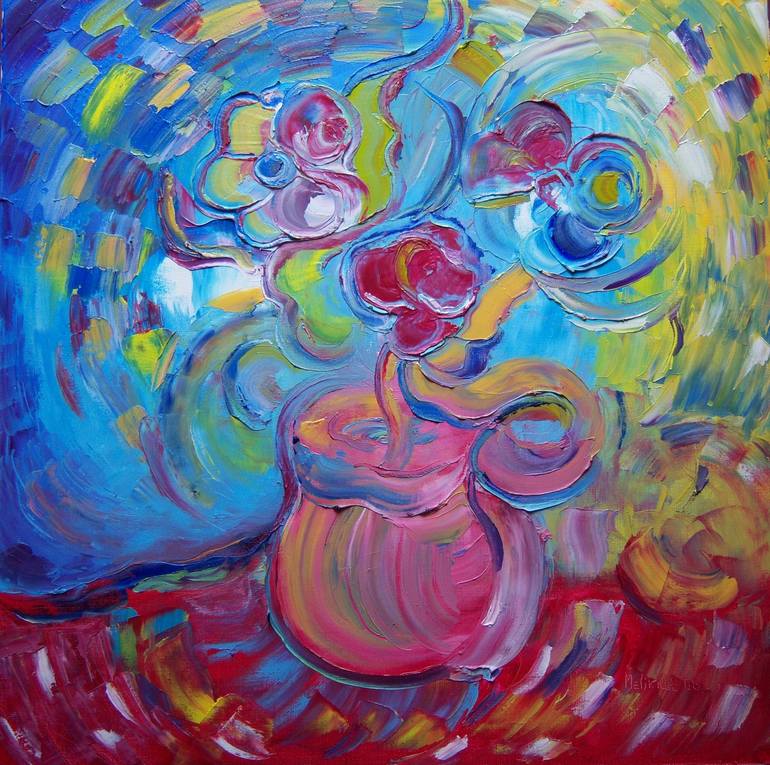 bouquet sur fond bleu Painting by Martha Melikian | Saatchi Art