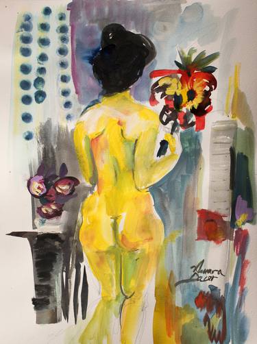Yellow nude holding flowers thumb