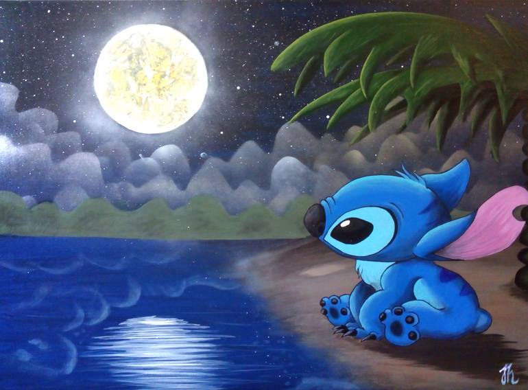 stitch under the moon disney Painting by Cloud Lee
