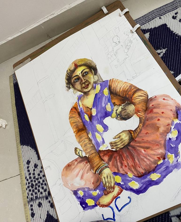 Original Fine Art People Drawing by Prapti Maity