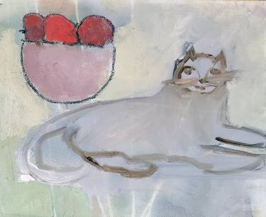 ~SOLD~Kitten with Fruit Bowl, oil on canvas, 10" x 12" thumb