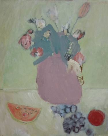 Jug With Flowers and Fruit, oil and chalk paint on canvas 20" x 16" thumb