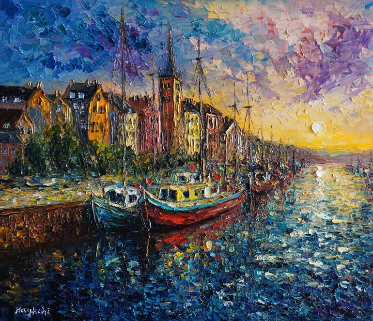 Sunset harbour Painting by Haykuhi Khachatryan | Saatchi Art