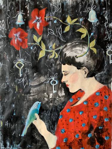 Hallo Spring - woman portrait, bird, flowers thumb