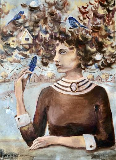 Newfound feather of hope - portrait, woman, birds thumb
